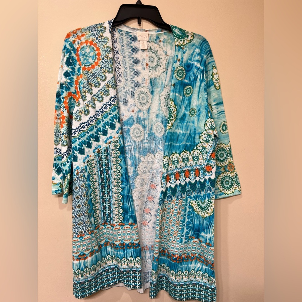 Chicos, open tunic, Size 2, turquoise, green, black. Like new. Used once.